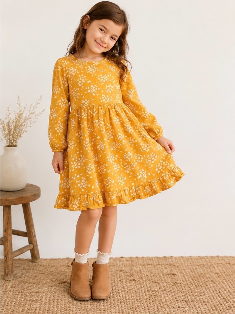 Girls' Tea collection Mustard Floral Long-Sleeve Ruffle Dress